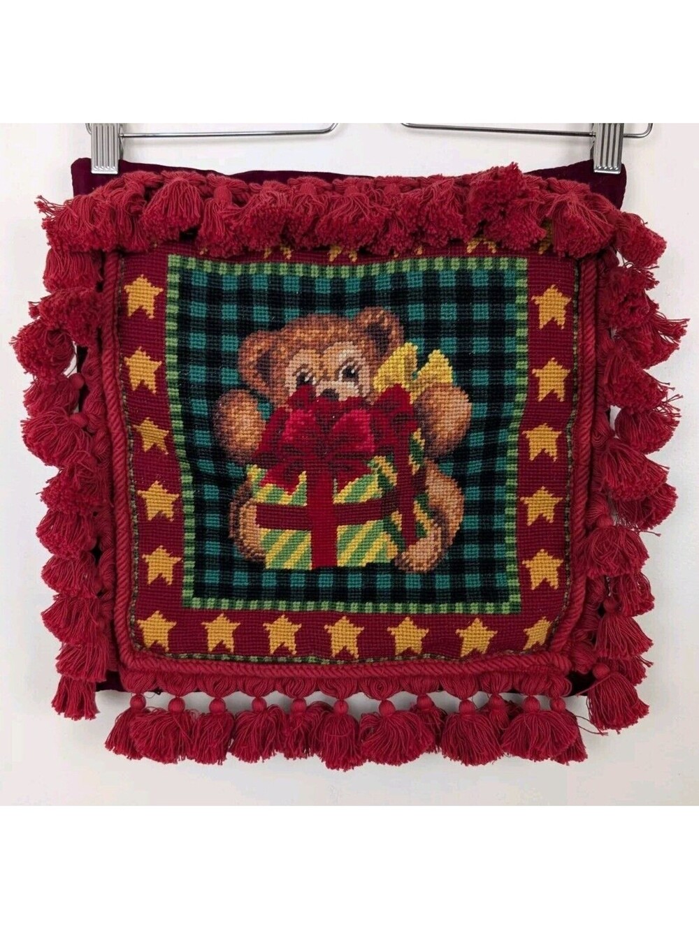 Needlepoint Christmas Pillow Teddy Bear Present Red Velvet Tassels 14"